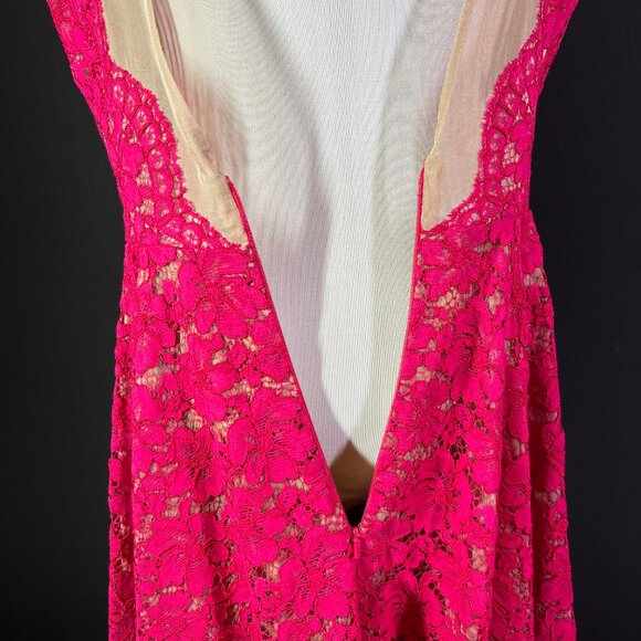 Tracy Reese Size 10 Hanky Hem Frock Sheer Lace Overlay Geranium Pink *Flaw - Picture 8 of 16